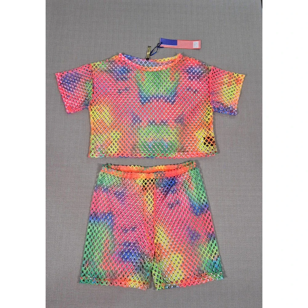 American Leisure Rainbow Tie Dye Fishnet Crop Top and Shorts Set XXL New